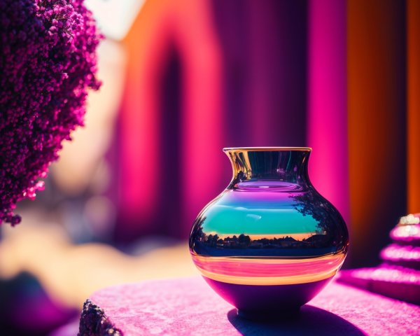 Ceramic Vase on Vibrant Purple Surface with Decorative Elements