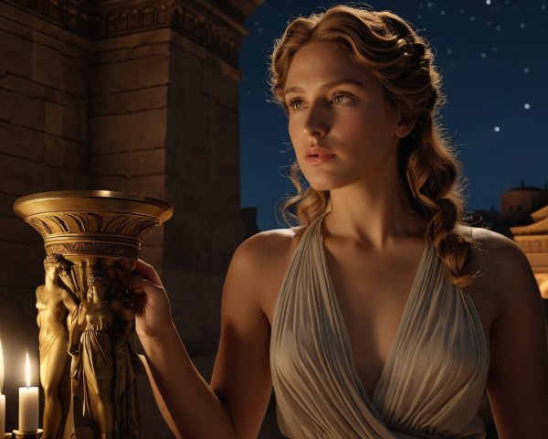 Young woman under starlit sky with ornate torch