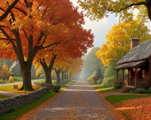 Autumn Country Lane with Trees and Charming House