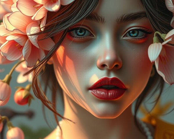 Close-up Portrait of a Young Woman with Floral Accents