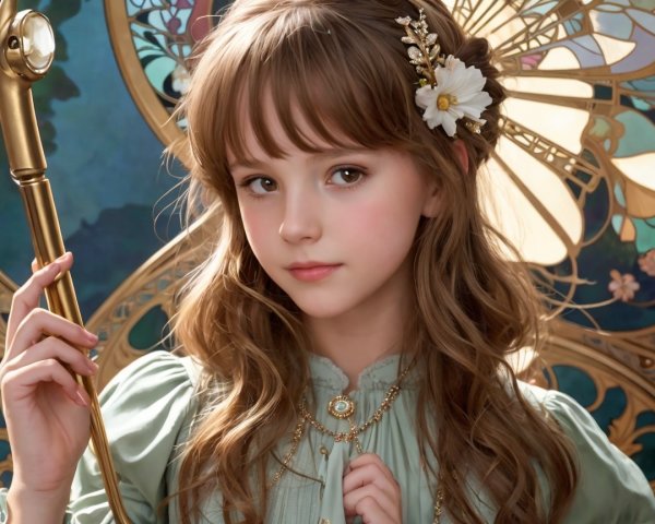 Young girl in soft green dress with decorative staff