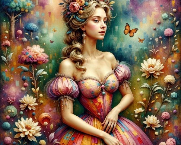 Woman in Multicolored Gown Surrounded by Nature