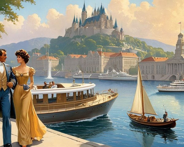 Couple in Vintage Attire by Waterfront with Castle