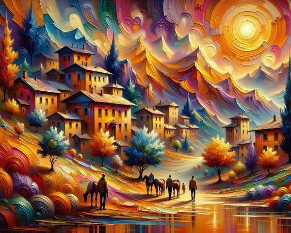 Dreamlike Village Painting with Vibrant Autumn Colors