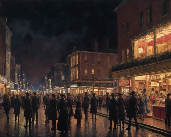 Bustling Night Street Scene with Early 20th-Century Attire
