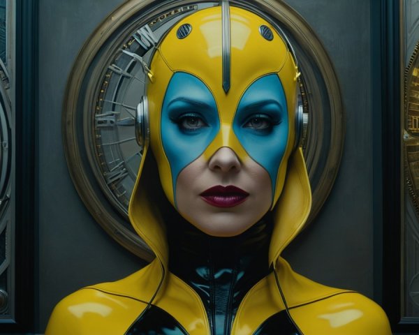 Sleek Yellow and Blue Costume with Vintage Clocks Backdrop
