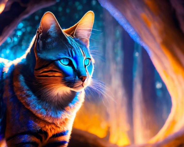 Tabby Cat in Mystical Forest with Blue Eyes