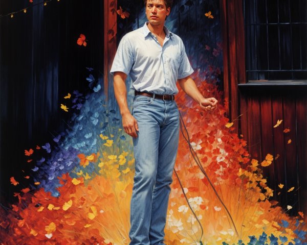Man Surrounded by Colorful Butterflies in Soft Light