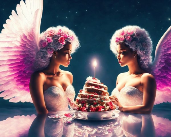 Ethereal Figures with Wings in Starry Celebration Scene