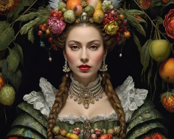 Ornate painting of a woman in a fruit headdress