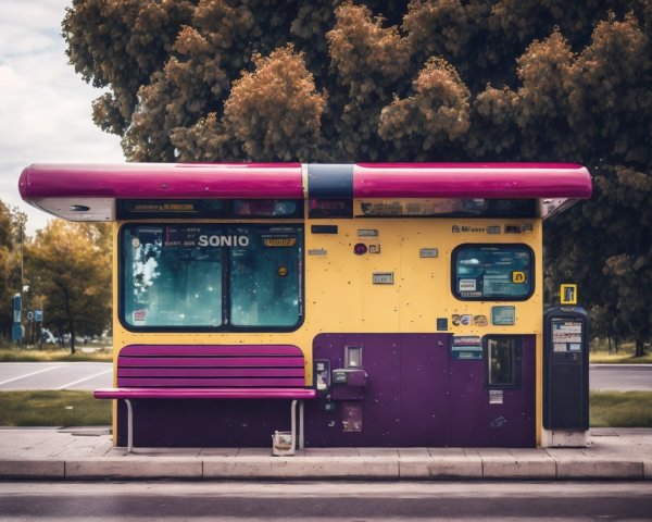 Vibrant Purple and Yellow Bus Stop Design Features