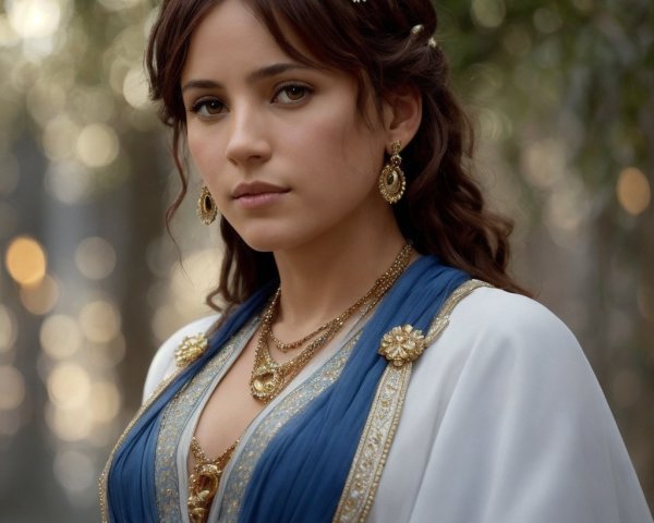 Young Woman in Elegant Gown in Serene Woodland