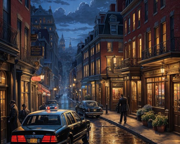 Nighttime Street Scene with Brick Buildings and Cobblestones