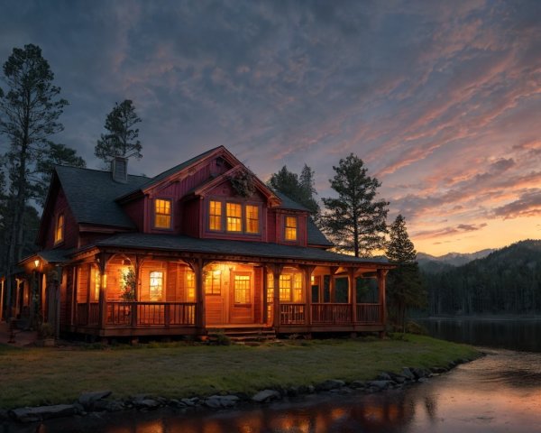 Wooden cabin by serene lake at dusk with warm glow