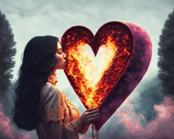 Profile of a Woman Kissing a Fiery Heart Object