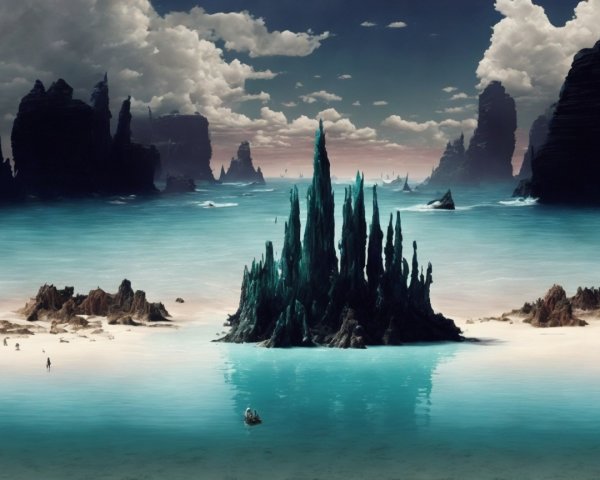 Surreal Landscape with Rock Formations and Turquoise Sea