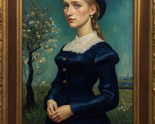 Young Woman in Dark Dress with Flowering Tree Background