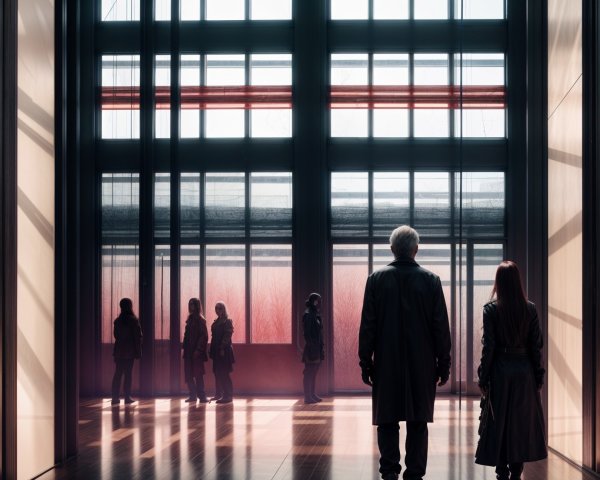 Silhouettes in Modern Space with Soft Sunlight Effects