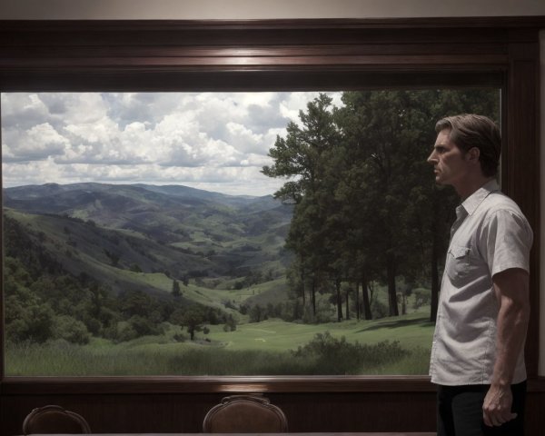 Man Contemplating Scenic View of Green Hills and Sky