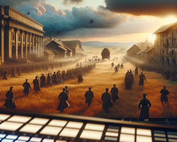 Army Marching Through Golden Fields Under Ominous Sky