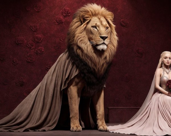 Regal Lion with Woman in Elegant Floral Setting