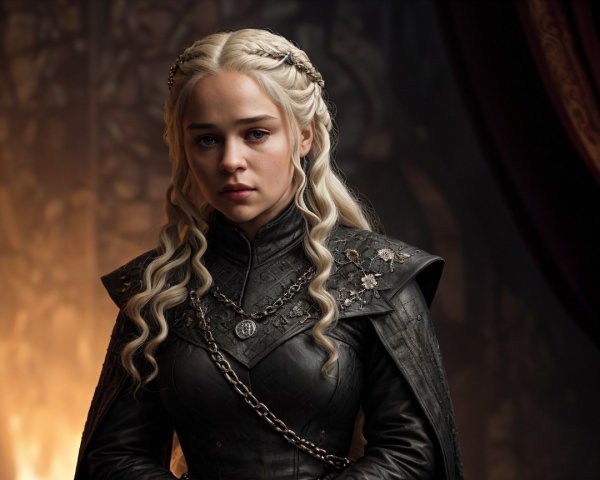 Young woman in dark medieval setting with warm hues