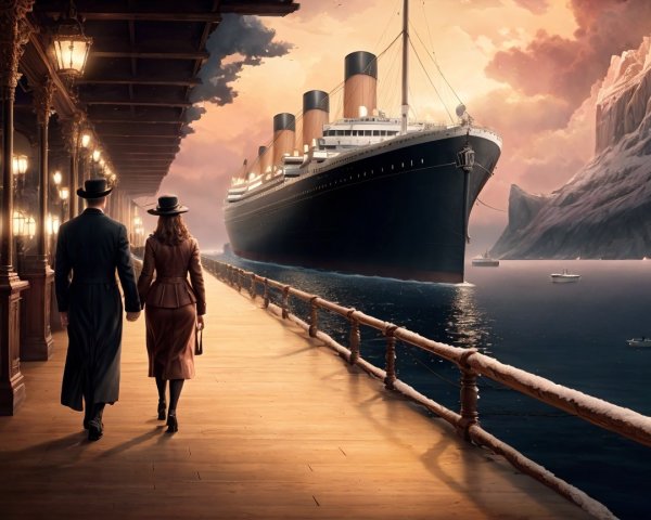 Couple Strolling on Illuminated Promenade at Sunset