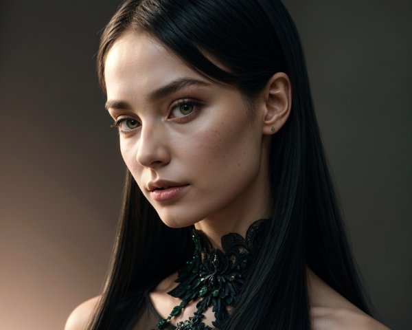 Elegant Young Woman in Sophisticated Dress and Black Hair