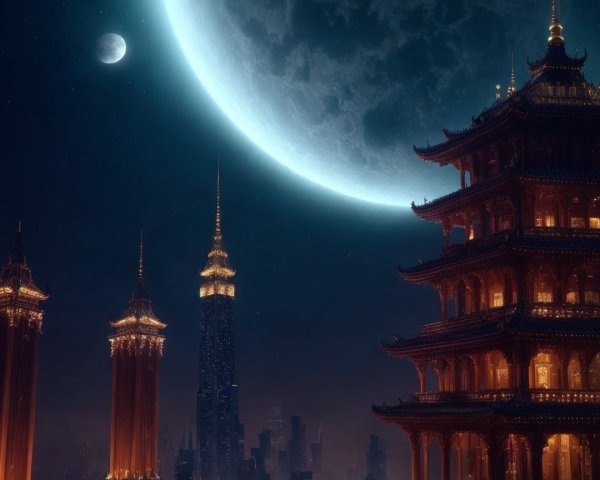 Night Scene of Traditional Asian Architecture and Skyscraper