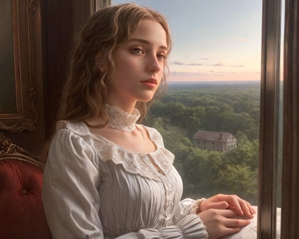 Young woman in nostalgic dress by grand window