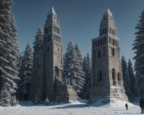 Winter Landscape with Stone Structures and Snowfall