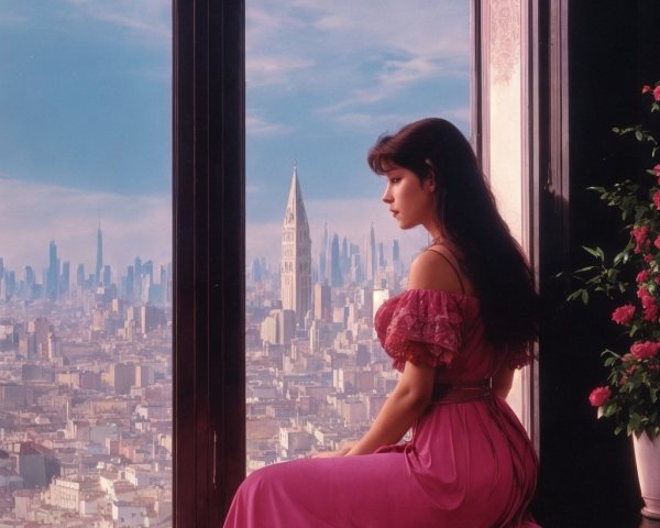 Woman in Pink Dress Gazing at City Skyline Through Window