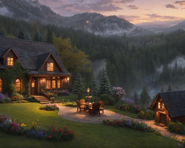 Wooden Cottage in a Lush Green Valley Setting