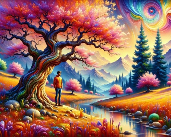 Man by River in Colorful Fantastical Landscape
