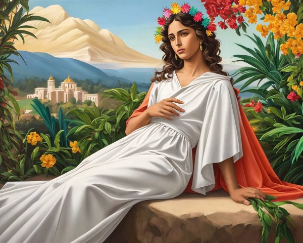 Woman in Floral Crown on Stone Ledge in Lush Landscape