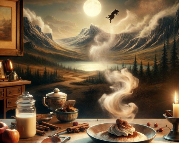Cozy kitchen scene with mountain view and whimsical figure