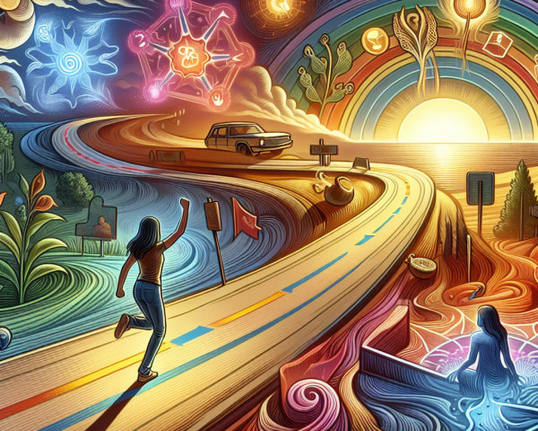Vibrant Landscape with Sunset, Car, and Floral Motifs