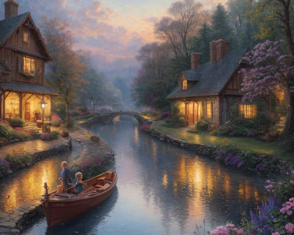 Twilight Canal Scene with Quaint Houses and Flowers