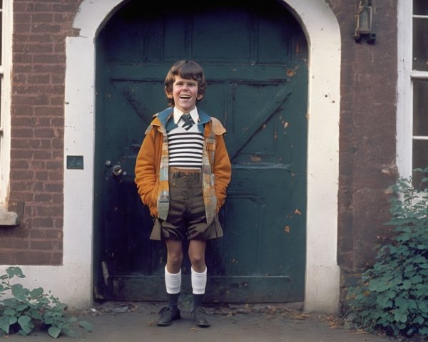 Young Boy in Playful Outfit by Rustic Green Door