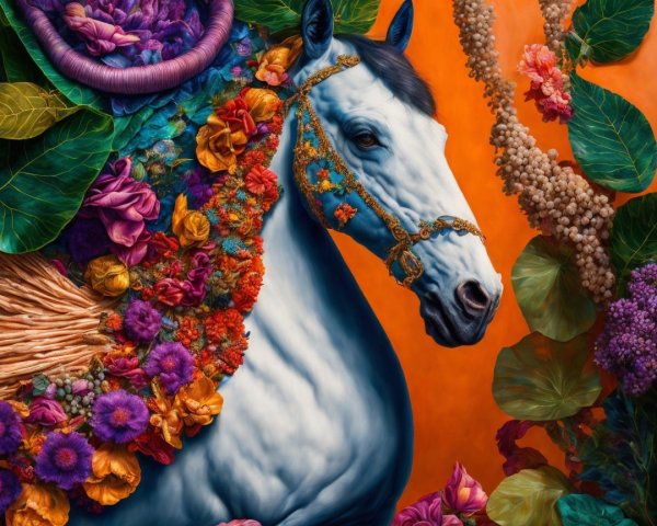 White Horse with Floral Garland on Orange Background