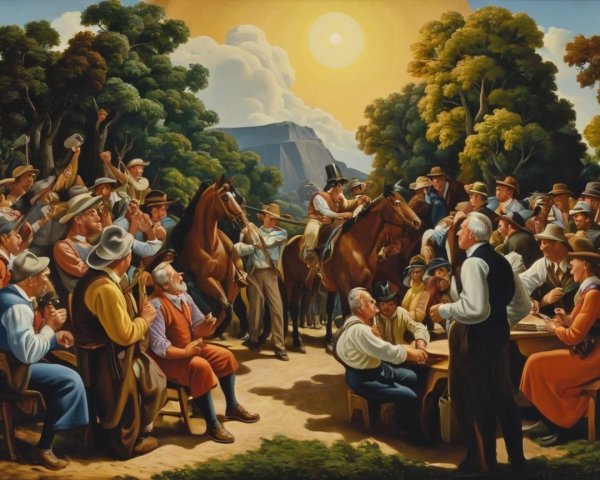 Lively Gathering in a Sunlit Historic Clearing