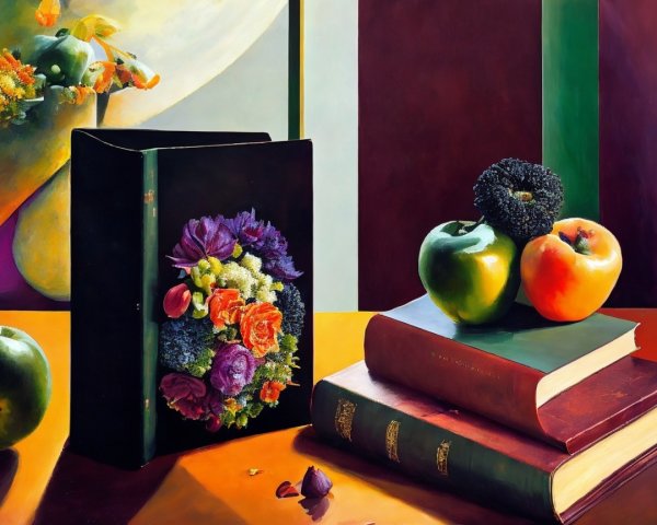 Vibrant Still Life with Floral Arrangements and Apples