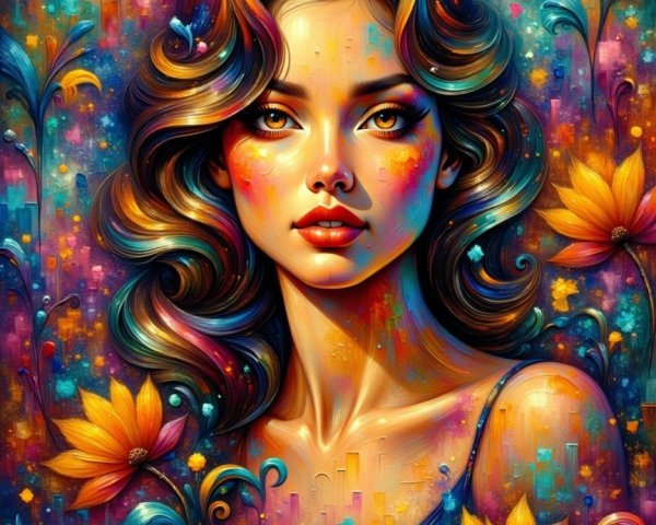 Vibrant Portrait of Young Woman with Colorful Flowers