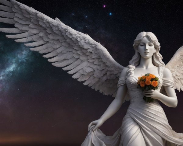 Majestic White Angel Statue with Cosmic Backdrop