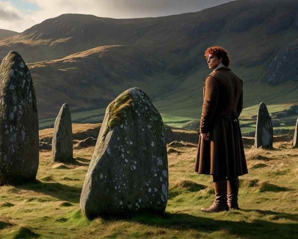 Lone Figure Among Ancient Monoliths in Serene Landscape