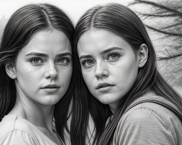 Young women in misty landscape with expressive features