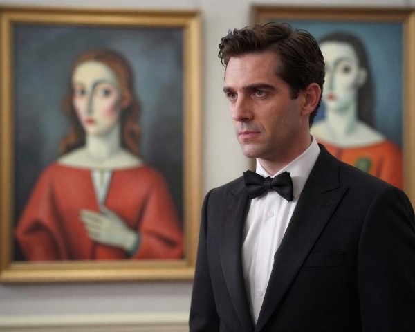 Man in Tuxedo with Framed Paintings in Background