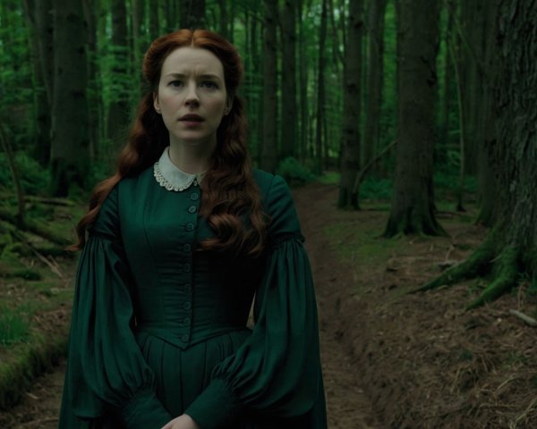 Woman in Vintage Dress in a Lush Green Forest