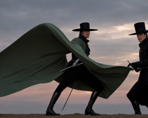 Figures in Black Outfits on Sandy Landscape with Sword