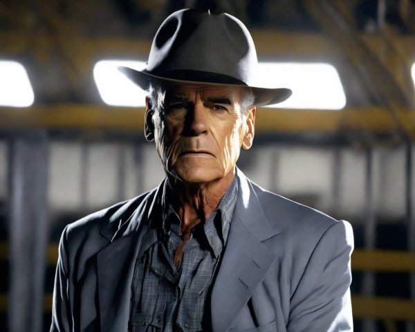 Stern Man in Gray Hat and Suit Against Industrial Backdrop